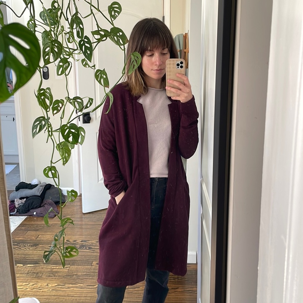 LNBF ethical brand purple fleece cardigan XS side pockets EUC